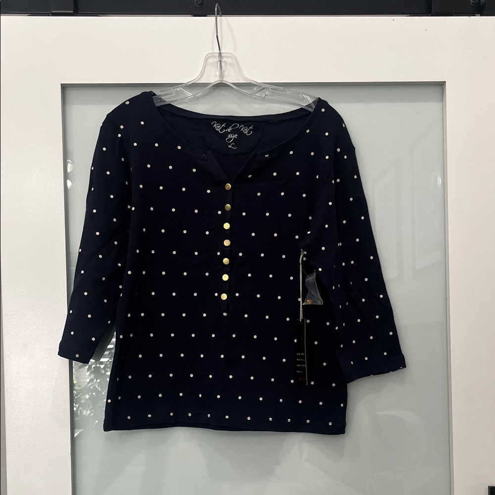 Knit de Knit Navy Polka Dot Henley Top with Gold Buttons, Size Large